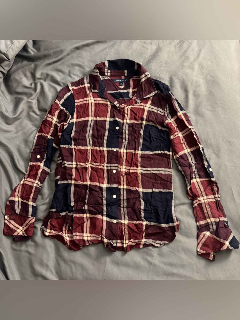 Tommy Hilfiger Burgundy and Navy Plaid Button-Up